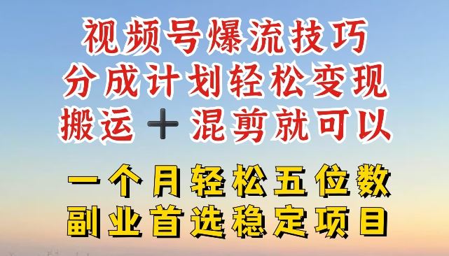 视频号爆流技巧，分成计划轻松变现，搬运 +混剪就可以，一个月轻松五位数稳定项目【揭秘】-简创网