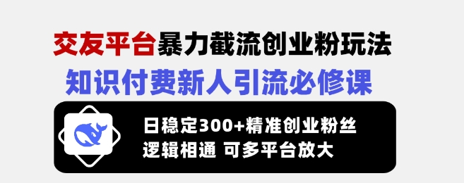 交友平台暴力截流创业粉玩法，知识付费新人引流必修课，日稳定300+精准创业粉丝，逻辑相通可多平台放大-创客商