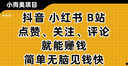 小而美的项目，抖音小红书B站视频点赞、关注、评论就能挣钱，简单无脑立见收益，妥妥的零撸项目【揭秘】-赚客网赚