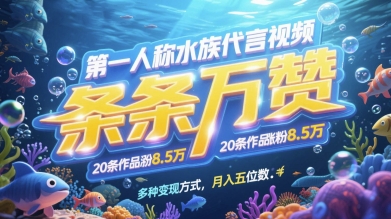 第一人称水族代言视频，条条万赞，20条作品涨粉7.8W，多种变现方式月入五位数-赚客网赚