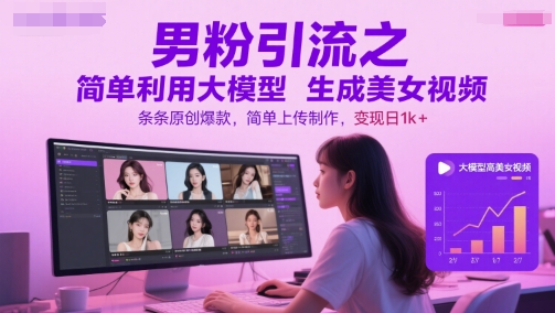 男粉引流之简单利用大模型生成美女视频，条条原创爆款，简单上传制作，变现日1k+-赚客网赚