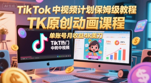 TikTok中视频计划保姆级教程，TK原创动画课程，单账号月收益4k美刀-赚客网赚