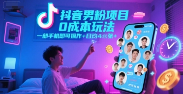 抖音男粉项目0成本玩法，一部手机即可操作，日均4张+，时间自由-赚客网赚