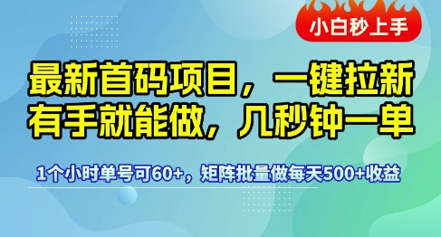 最新首码项目，一键拉新有手就能做，几秒钟一单，1个小时单号可60+，矩阵批量做每天5张【揭秘】-赚客网赚
