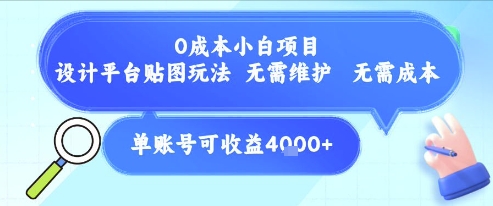 0成本小白项目，设计平台贴图玩法，无需维护，无需成本，单账号单月可产生收益4k+-赚客网赚