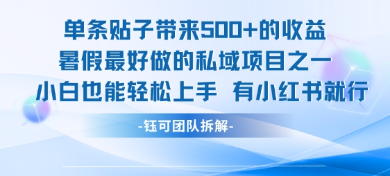 单条贴子带来5张的收益，暑假最好做的私域项目之一，小白也能轻松上手，有小红书就行-赚客网赚
