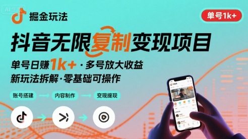抖音掘金新玩法 单号1k+可以无限复制的项目-赚客网赚