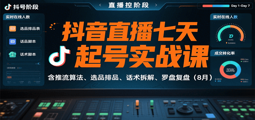 抖音直播七天起号实战课：含推流算法、选品排品、话术拆解、罗盘复盘（8月）-赚客网赚