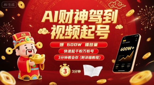 AI财神驾到视频起号，爆600W播放量，快速起千粉万粉号，3分钟教会你(附详细教程)-赚客网赚