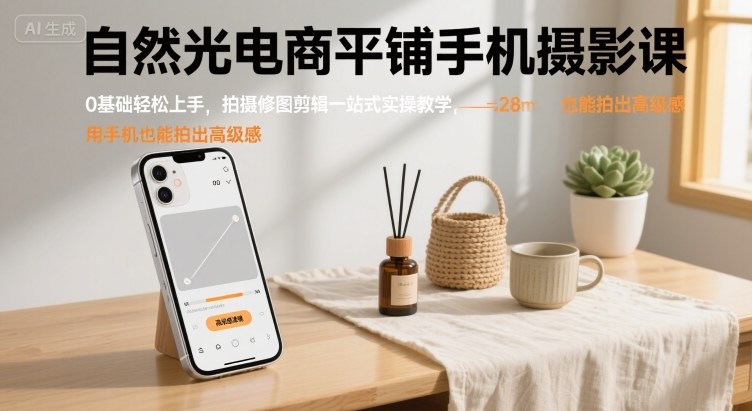 自然光电商平铺手机摄影课，0基础轻松上手，拍摄修图剪辑一站式实操教学，用手机也能拍出高级感-赚客网赚