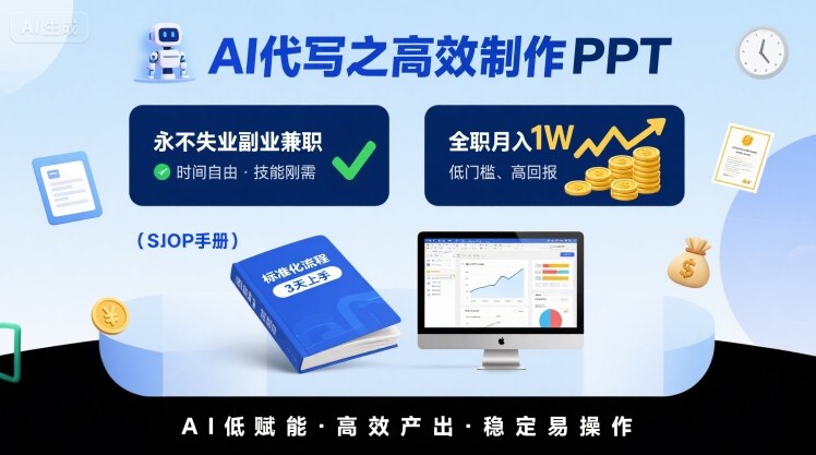 AI代写之高效制作PPT,永不失业副业兼职,全职月入1W【SOP手册】-赚客网赚