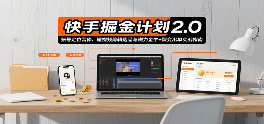 快手掘金计划2.0,账号定位装修、短视频剪辑选品与磁力金牛+裂变出单实战指南-赚客网赚