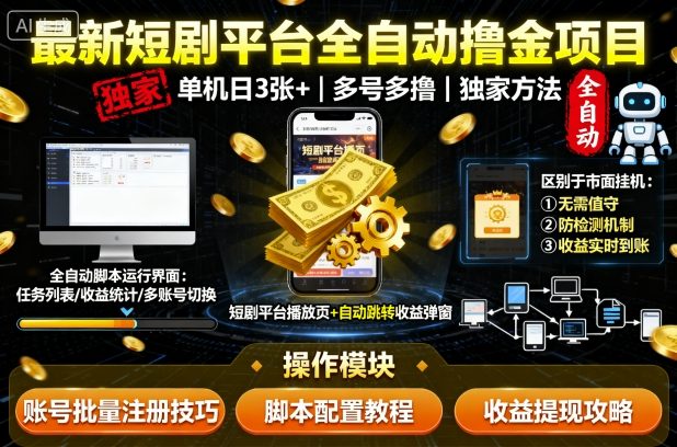 最新短剧平台全自动挂G撸金项目，单机一天3张+，多号多撸，区别于市面所有挂机项目，独家方法【揭秘】-赚客网赚