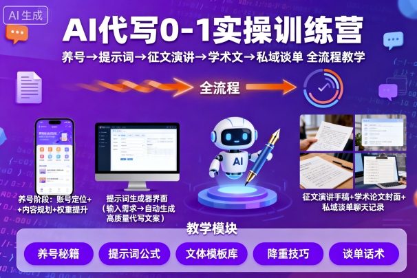 AI代写0-1实操训练营，从养号、提示词、征文演讲、学术文，到私域谈单的全流程教学-赚客网赚