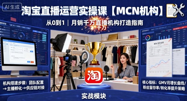 淘宝直播运营实操课【MCN机构】，从0到1做一家月销千W的直播机构-赚客网赚