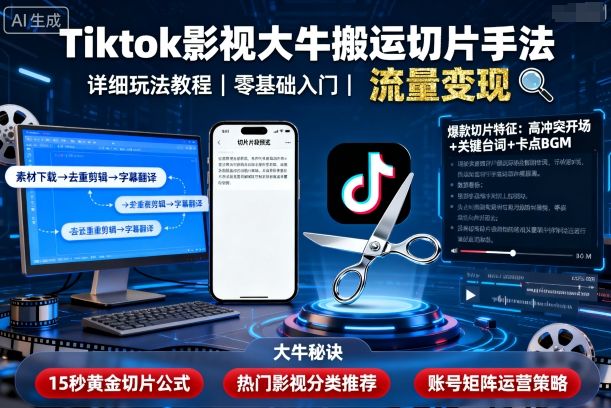 Tiktok影视大牛搬运切片手法，详细玩法教程-赚客网赚