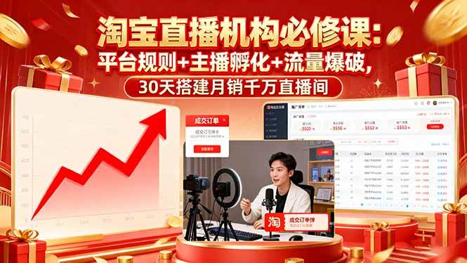 （16087期）淘宝直播机构必修课：平台规则/主播孵化/流量爆破,30天搭建月销千万直播间-赚客网赚
