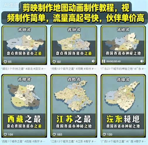 剪映制作地图动画制作教程，视频制作简单，流量高起号快，伙伴单价高-赚客网赚