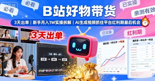 B站好物带货，3天出单，新手月入1W实操拆解，AI生成视频，抓住平台红利期最后机会-赚客网赚