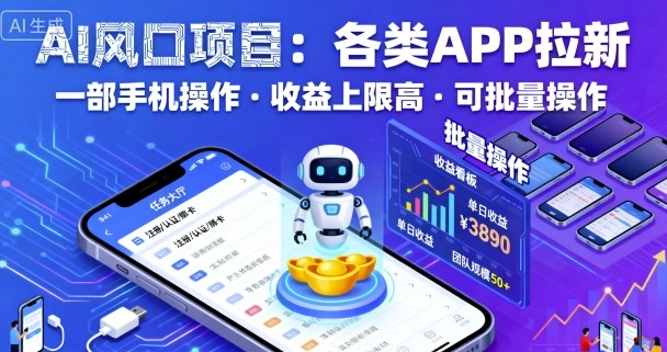AI风口项目，各类APP拉新，一部手机就可以操作，收益上限高，可批量操作-赚客网赚