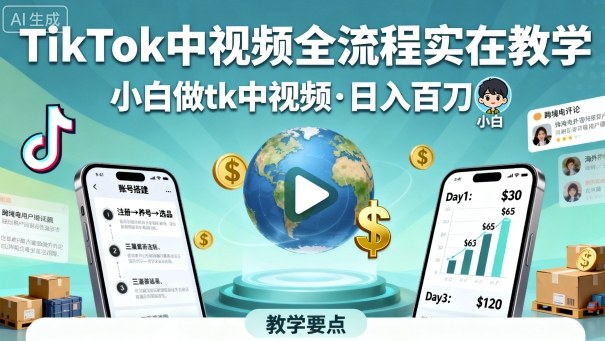 TikTok中视频全流程实操教学，小白做tk中视频，日入百刀-赚客网赚