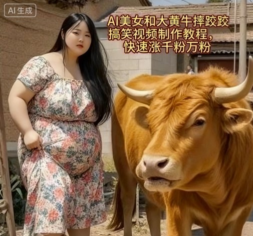 AI美女和大黄牛摔跤搞笑荒诞视频制作教程，快速涨千粉万粉-赚客网赚