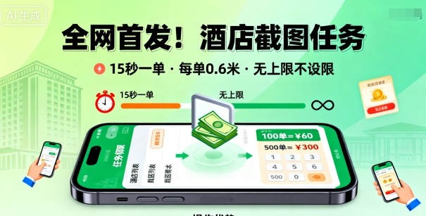 全网首发！酒店截图任务，15秒一单，每单0.6米，任务无上限不设限，矩阵操作单日3张到手【揭秘】-赚客网赚