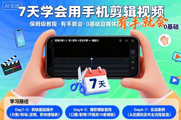 7天学会用手机剪辑视，保姆级教程，有手就会，0基础自媒体短视频创作教程-赚客网赚