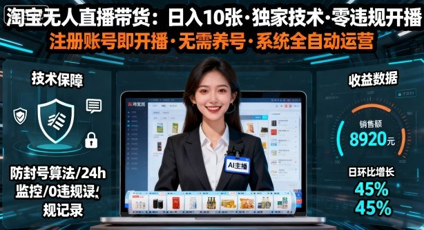 【最新】淘宝无人直播带货，日入10张，独家技术，无违规无封号，注册账号直接开播，不用养号【揭秘】-赚客网赚