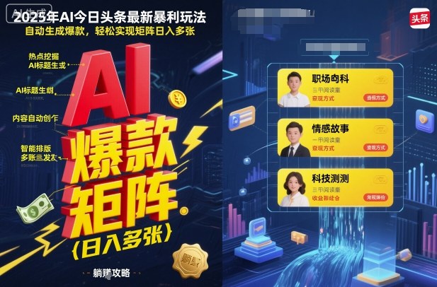 2025年AI今日头条最新暴利玩法，自动生成爆款，轻松实现矩阵日入多张-赚客网赚