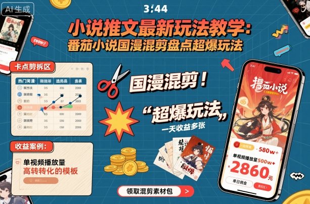 小说推文最新玩法教学，番茄小说国漫混剪盘点超爆玩法，全程干货，一天收益多张-赚客网赚