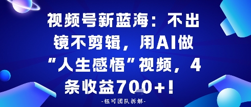 视频号新蓝海：不出镜不剪辑，用AI做“人生感悟”视频，4条收益7张-赚客网赚