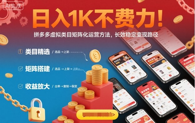 日入1K不费力！拼多多虚拟类目矩阵化运营方法，长效稳定变现路径-赚客网赚