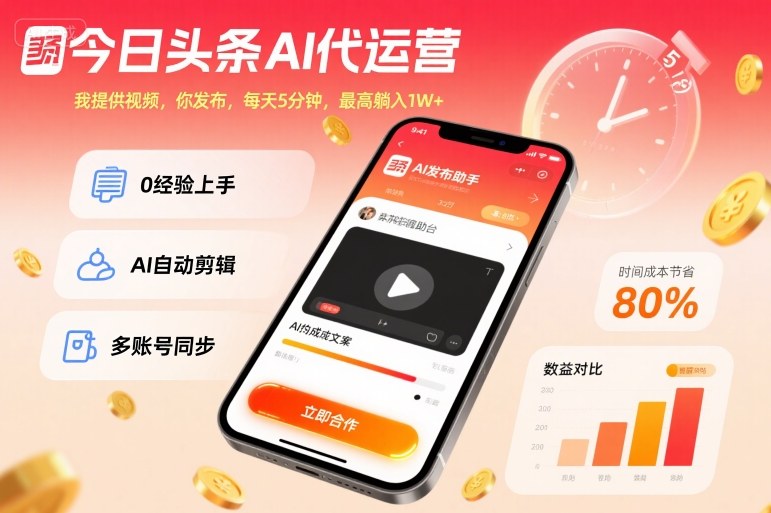 今日头条AI代运营，我提供视频，你发布，每天5分钟，最高躺入1W+【揭秘】-赚客网赚