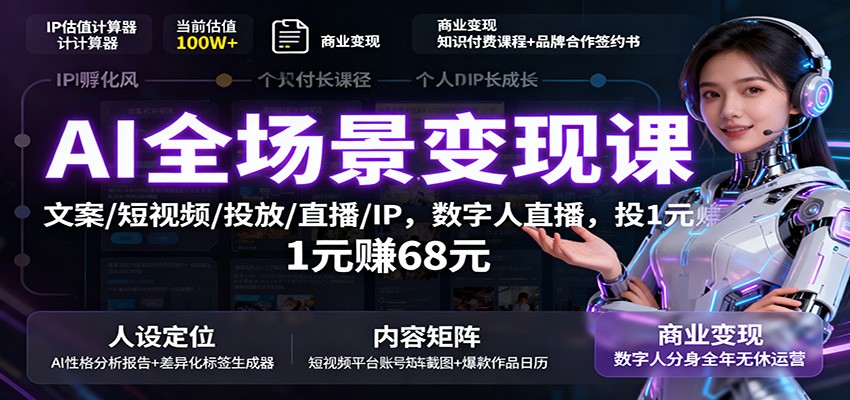 AI全场景变现课：文案/短视频/投放/直播/IP，数字人直播，投1元赚68元-赚客网赚