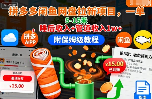 拼多多闲鱼网盘拉新项目，一单5-15米，睡后收入+管道收入1w+（附保姆级教程）-赚客网赚