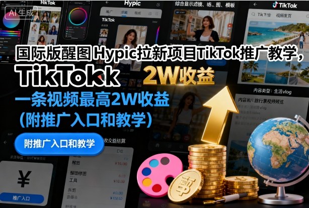 国际版醒图Hypic拉新项目TikTok推广教学,一条视频最高2W收益(附推广入口和教学)-赚客网赚