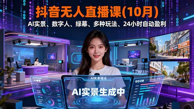（16355期）抖音无人直播课(10月)，AI实景、数字人、绿幕、多种玩法、24小时自动盈利-赚客网赚