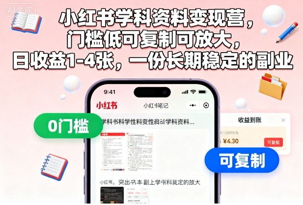 小红书学科资料变现营，门槛低可复制可放大，日收益1-4张，一份长期稳定的副业-赚客网赚