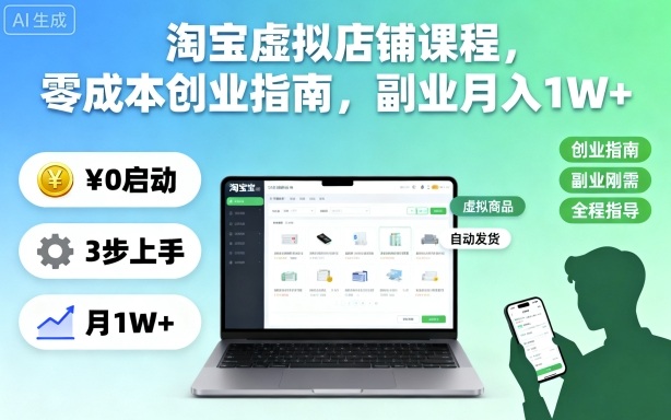 淘宝虚拟店铺课程，零成本创业指南，副业月入1W+-赚客网赚