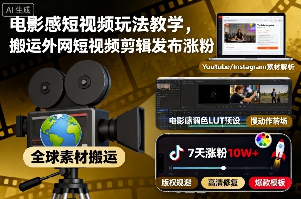 电影感短视频玩法教学，搬运外网短视频剪辑发布涨粉-赚客网赚