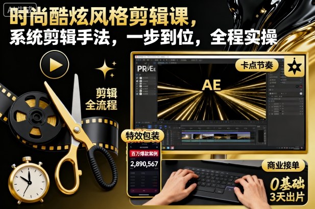 时尚酷炫风格剪辑课，系统剪辑手法，一步到位，全程实操-赚客网赚