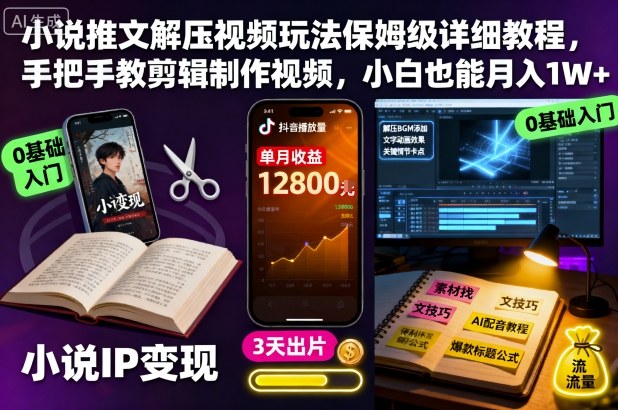 小说推文解压视频玩法保姆级详细教程，手把手教剪辑制作视频，小白也能月入1W+-赚客网赚