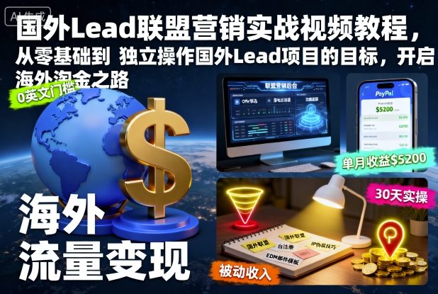 国外Lead联盟营销实战视频教程，从零基础到独立操作国外Lead项目的目标，开启海外淘金之路-赚客网赚
