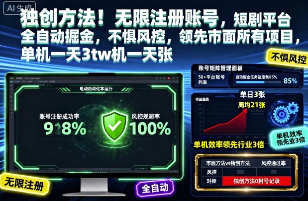 独创方法！无限注册账号，短剧平台全自动掘金，不惧风控，领先市面所有项目，单机一天3张【揭秘】-赚客网赚