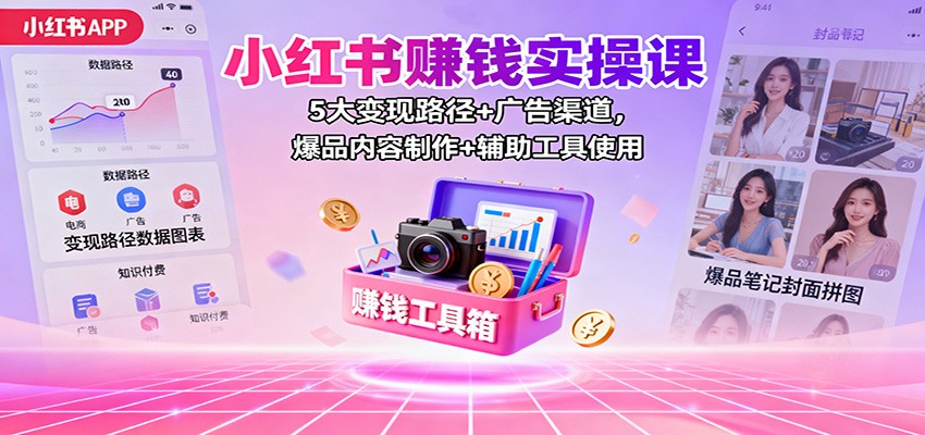 小红书赚钱实操课：5大变现路径+广告渠道，爆品内容制作+辅助工具使用-赚客网赚