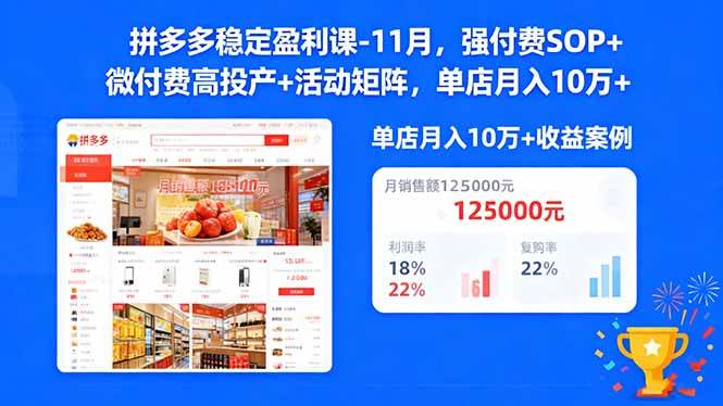 （16473期）拼多多稳定盈利课-11月，强付费SOP+微付费高投产+活动矩阵，单店月入10万+-赚客网赚