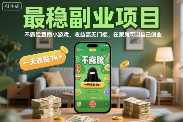 最稳副业项目，不露脸直播小游戏，收益高无门槛，一天收益1k+，在家就可以自己创业【揭秘】-赚客网赚