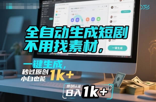 全自动生成短剧，不用找素材，不用剪辑，一键生成，秒过原创，小白也能轻松日入1k+【揭秘】-赚客网赚
