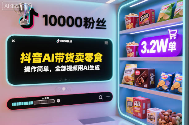 抖音AI带货卖零食，操作简单，全部视频用AI生成，一万粉丝，卖了3.2W单-赚客网赚